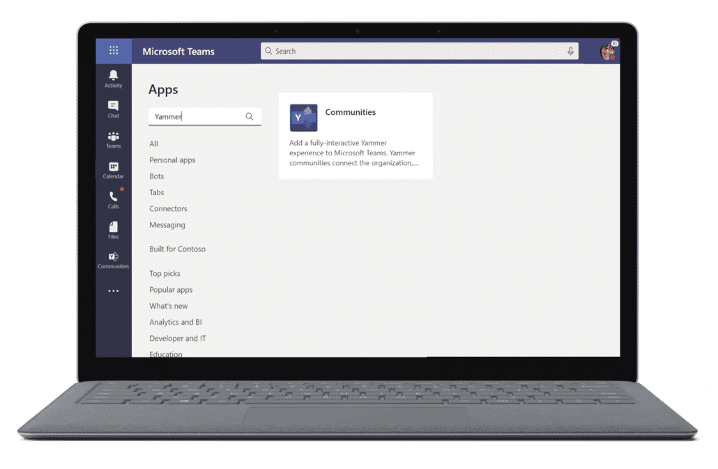 Image of the Yammer app being searched for in Microsoft Teams.