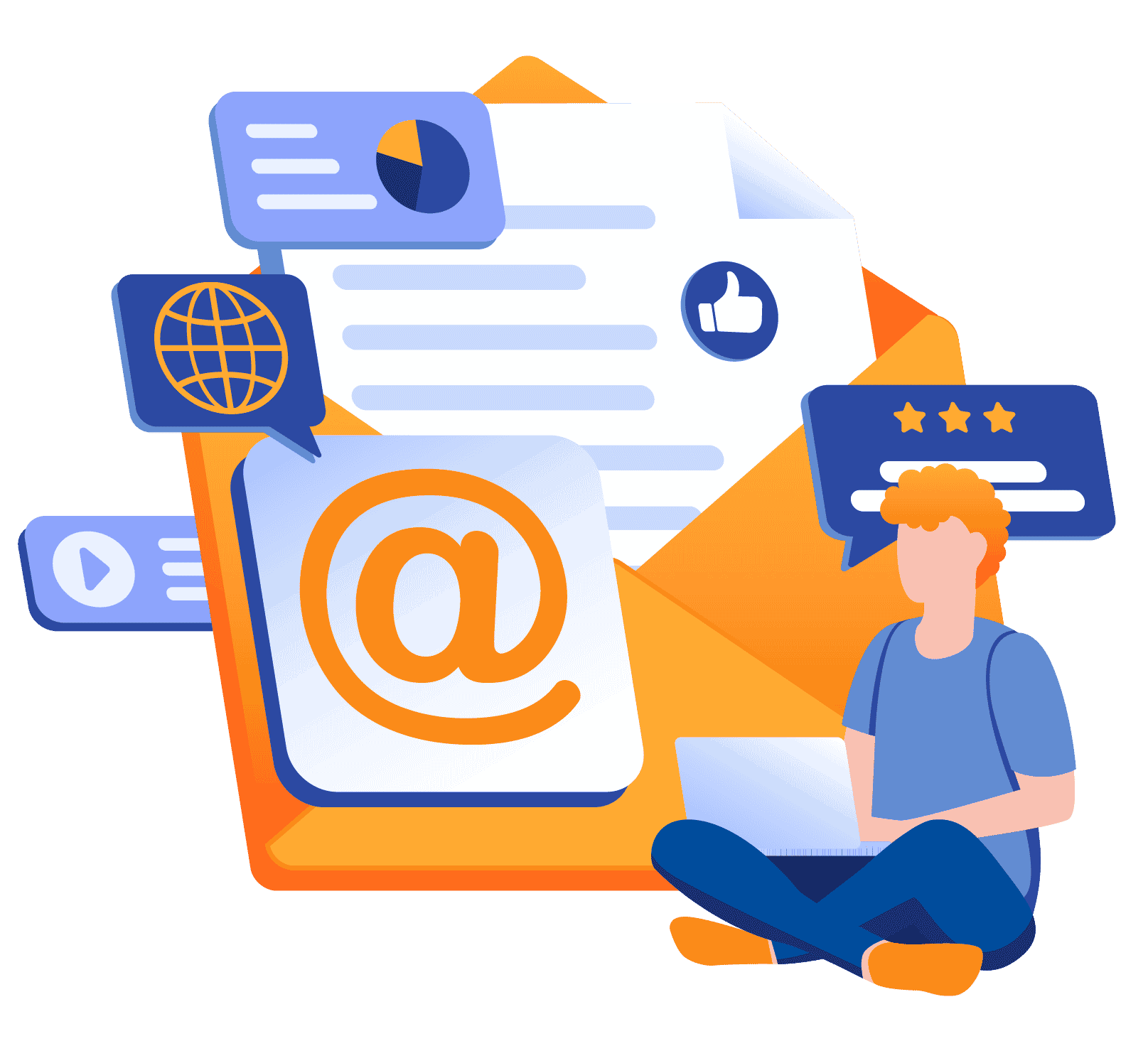 Male using laptop with symbols for email, internet and review