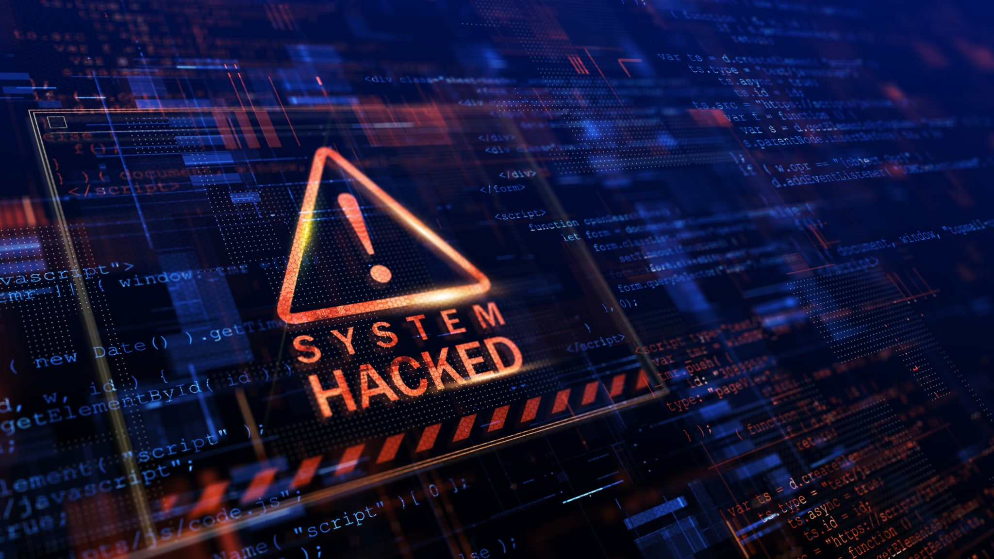 System Hacked notice with caution triangle in red